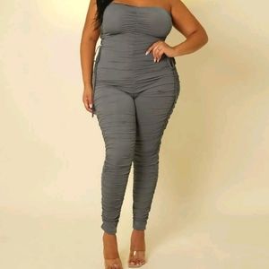 Lace up side ruched tube jumpsuit
